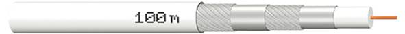 A close-up of a white coaxial cable with an outer covering labeled '100m', showing its layered internal structure and orange core.