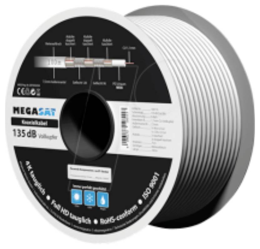 Une bobine étiquetée 'Megasat Koaxialkabel 135 dB' présente un câble coaxial à haute protection, adapté pour la 4K et le Full HD.