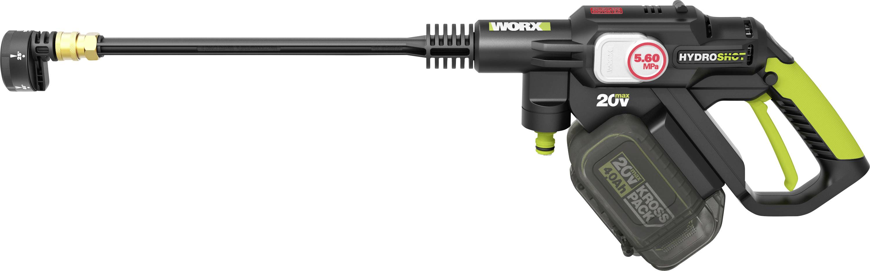 Pistolet de nettoyeur haute pression sans fil avec baguette longue, batterie intégrée et poignée verte sur fond blanc.