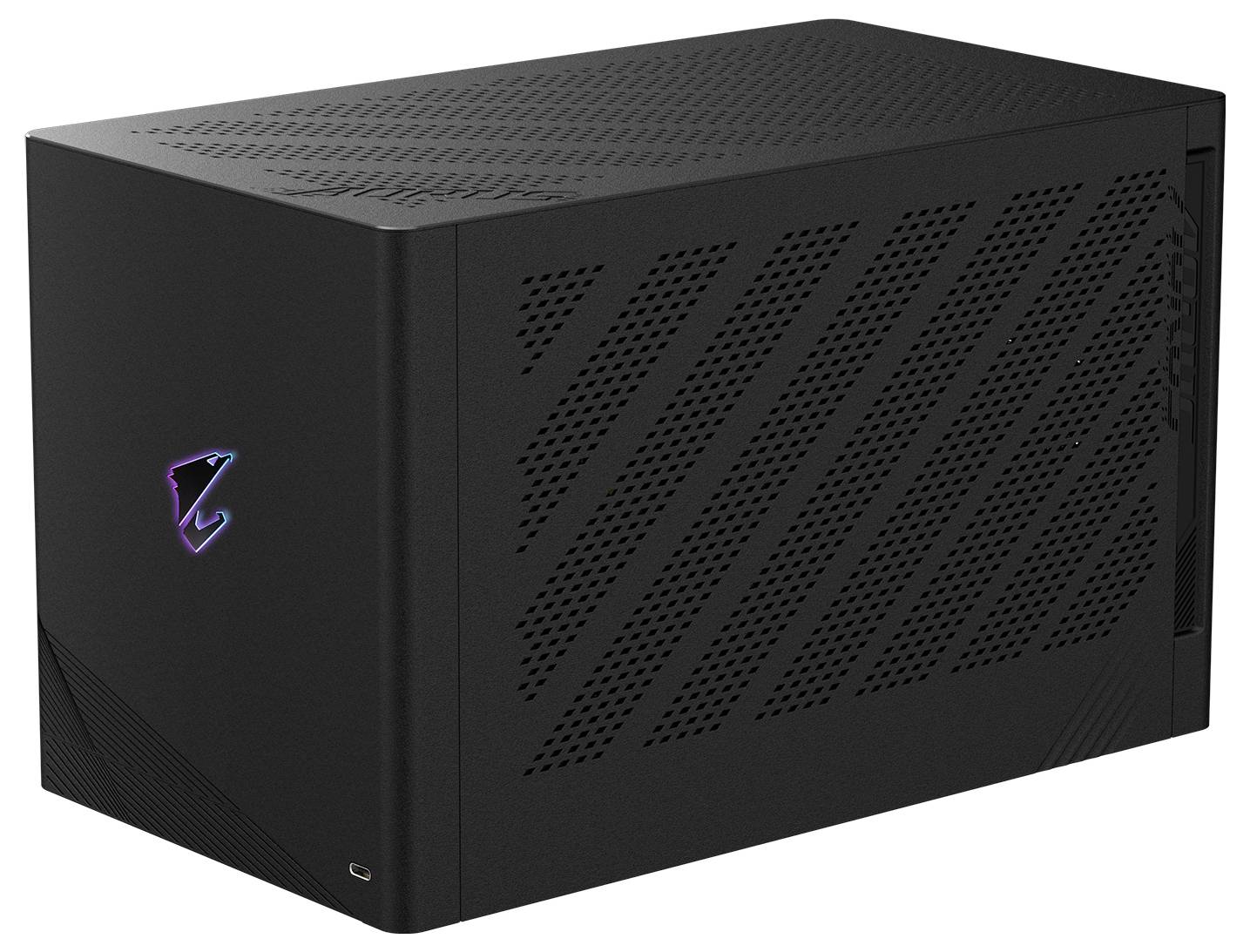 Un boîtier PC de jeu compact noir avec des motifs de ventilation géométriques discrets et un logo lumineux sur le côté.