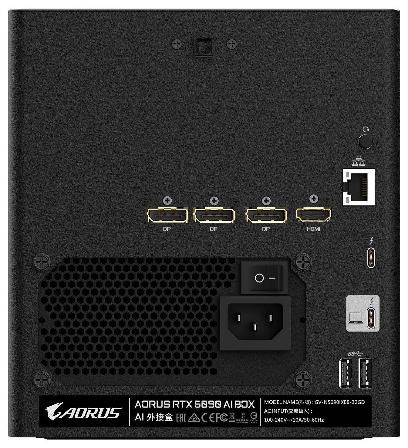 Vue arrière d'un boîtier AORUS RTX 5990 AI, montrant 3 sorties DisplayPort, 1 port HDMI, une prise d'alimentation, des ports USB-A et une grille de ventilation.