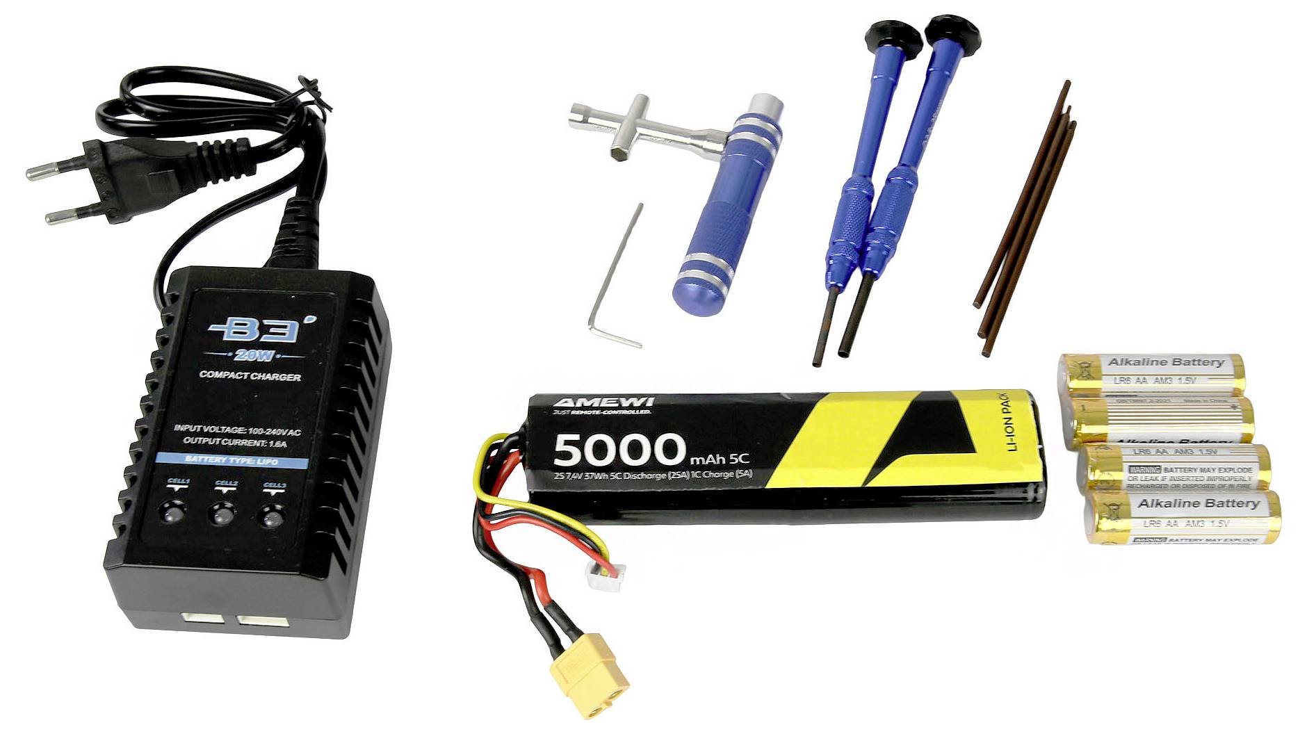 « Kit de charge RC comprenant un chargeur équilibreur, une batterie LiPo, des piles alcalines, des clés hexagonales et cruciformes, et des tournevis. »