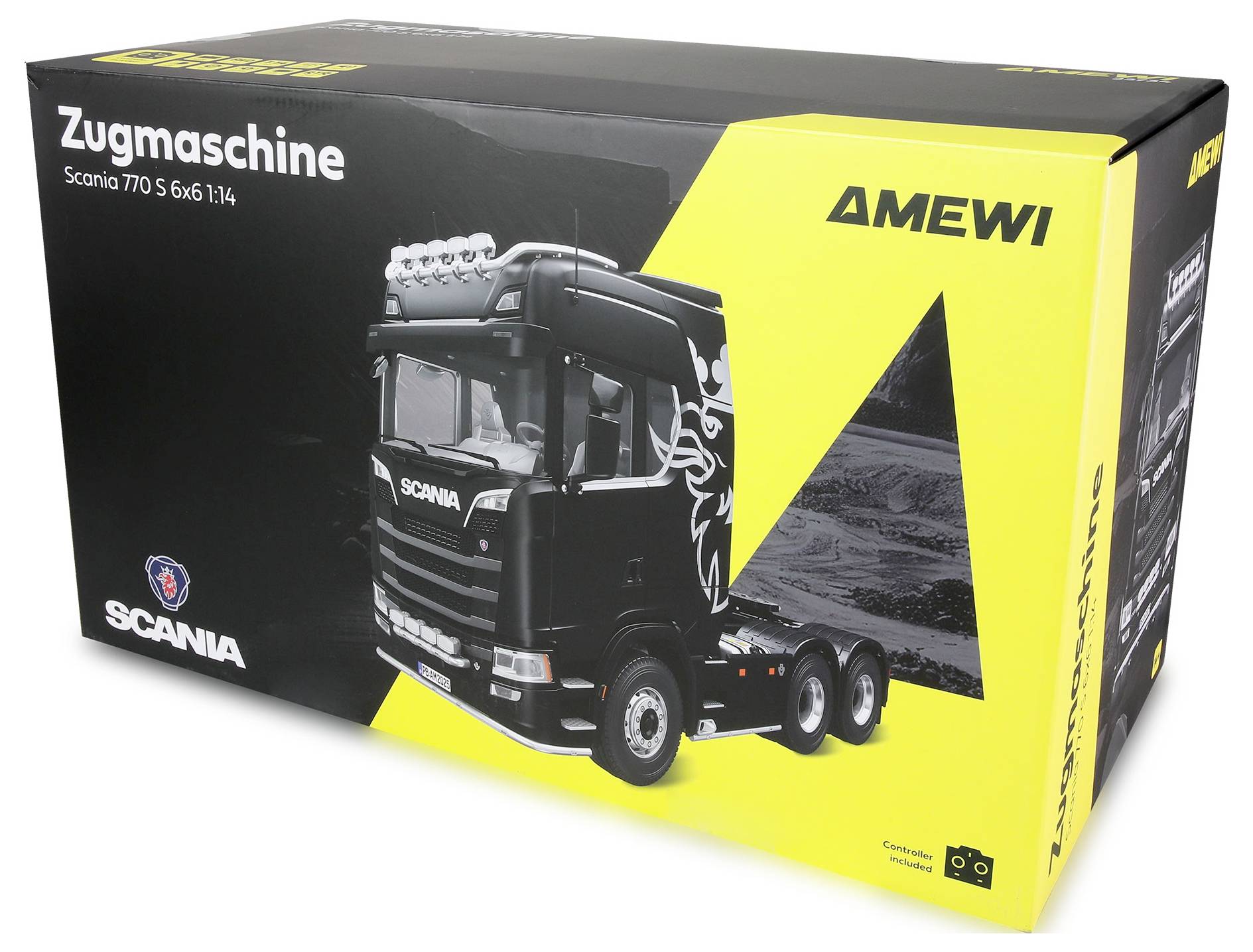 Boîte présentant un modèle de camion avec le texte 'Zugmaschine Scania 770 S 6x4 1:14' et la marque 'Amewi'. Design principalement noir et jaune.