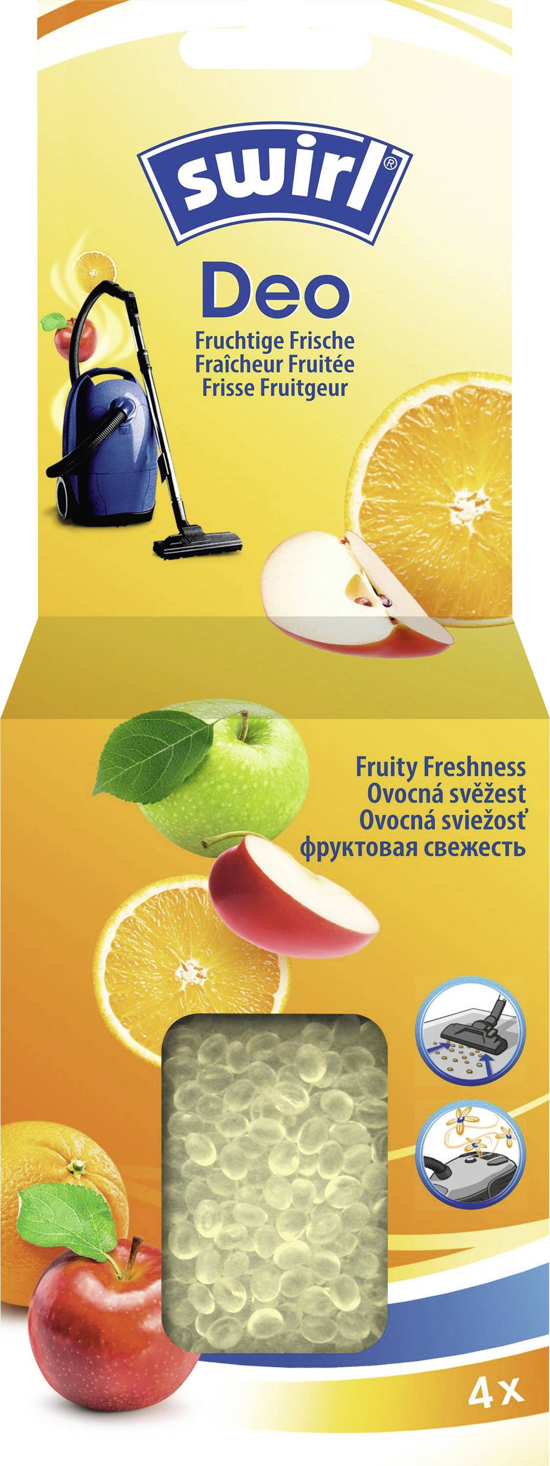 Désodorisant d'aspirateur 'Swirl Deo' avec un thème de fraîcheur fruitée. Présente des images de pomme et d'orange, une illustration d'aspirateur, et des perles de parfum visibles.