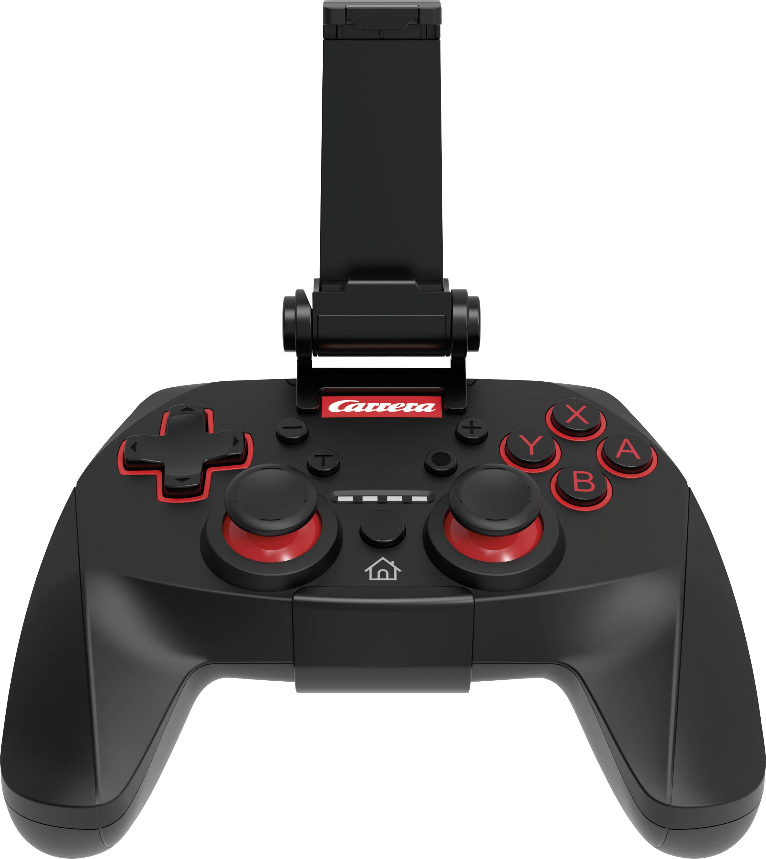 Manette de jeu noire et rouge avec boutons, joysticks et support de téléphone amovible, adaptée aux jeux mobiles.