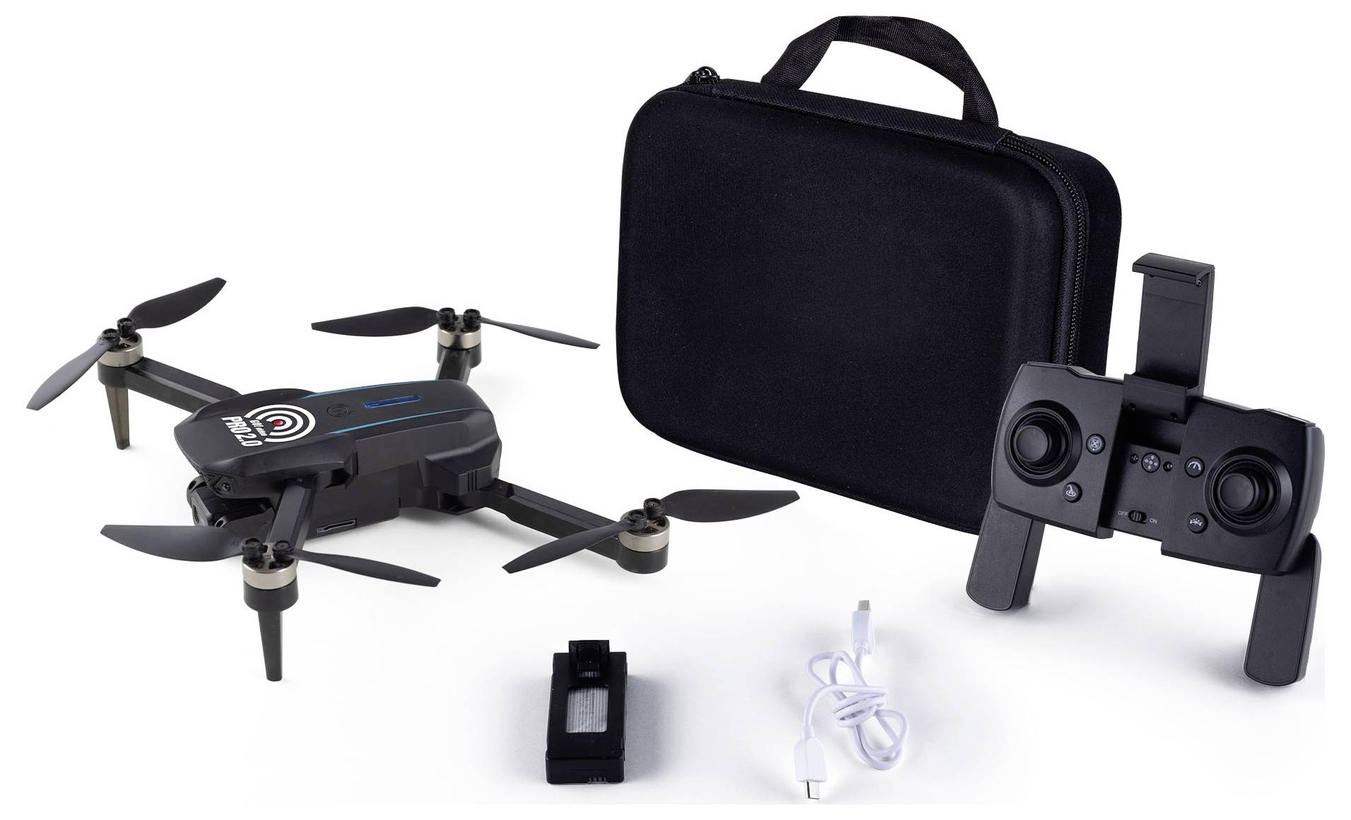 Un kit de drone comprenant un drone noir avec hélices, une télécommande noire, un étui de transport noir, une batterie et un câble de charge.
