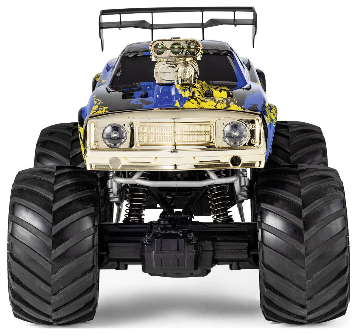 Un monster truck bleu et jaune aux larges roues et avec un détail de moteur proéminent, vu de face, mettant en valeur son design robuste.