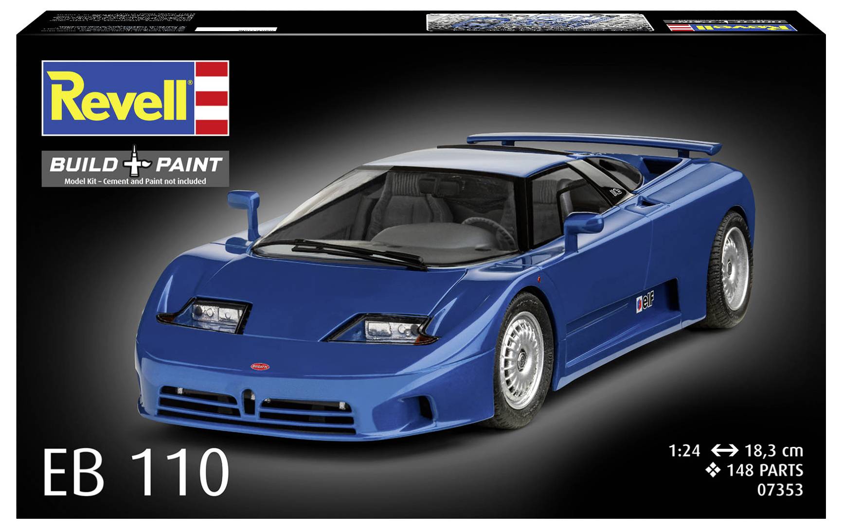 Boîte de maquette Revell EB 110 présentant une voiture de sport bleue avec les caractéristiques suivantes : échelle 1:24, longueur 18,3 cm, 148 pièces.