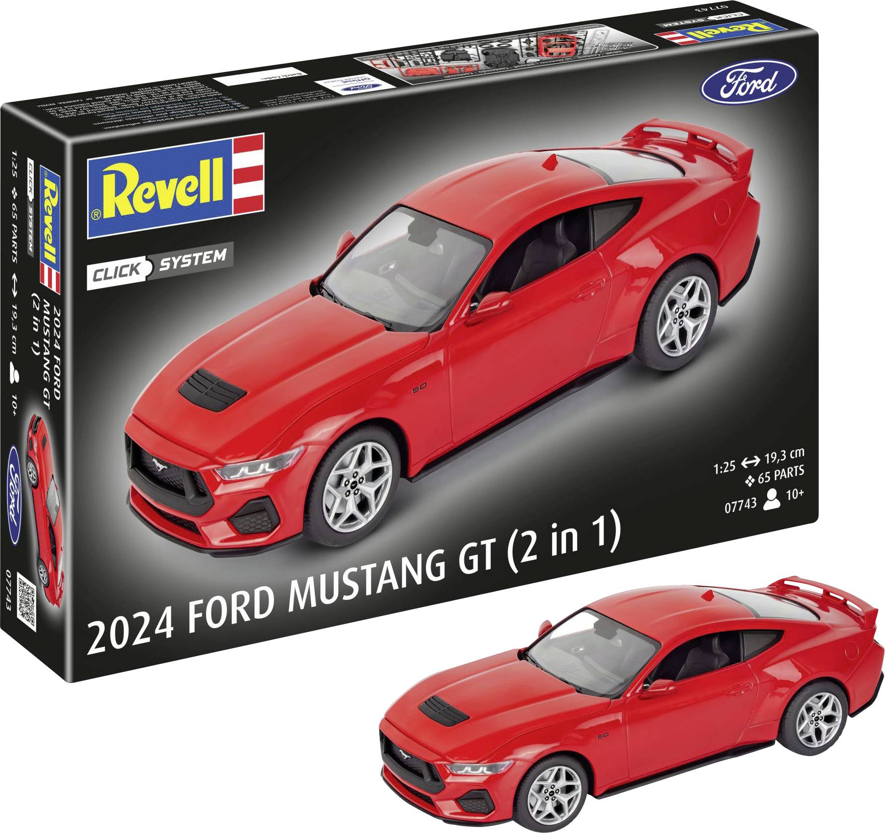 Une boîte d'un kit de modèle réduit Revell pour une Ford Mustang GT 2024 en rouge. Comprend un affichage de la voiture miniature terminée avec des détails sur les pièces et l'échelle.