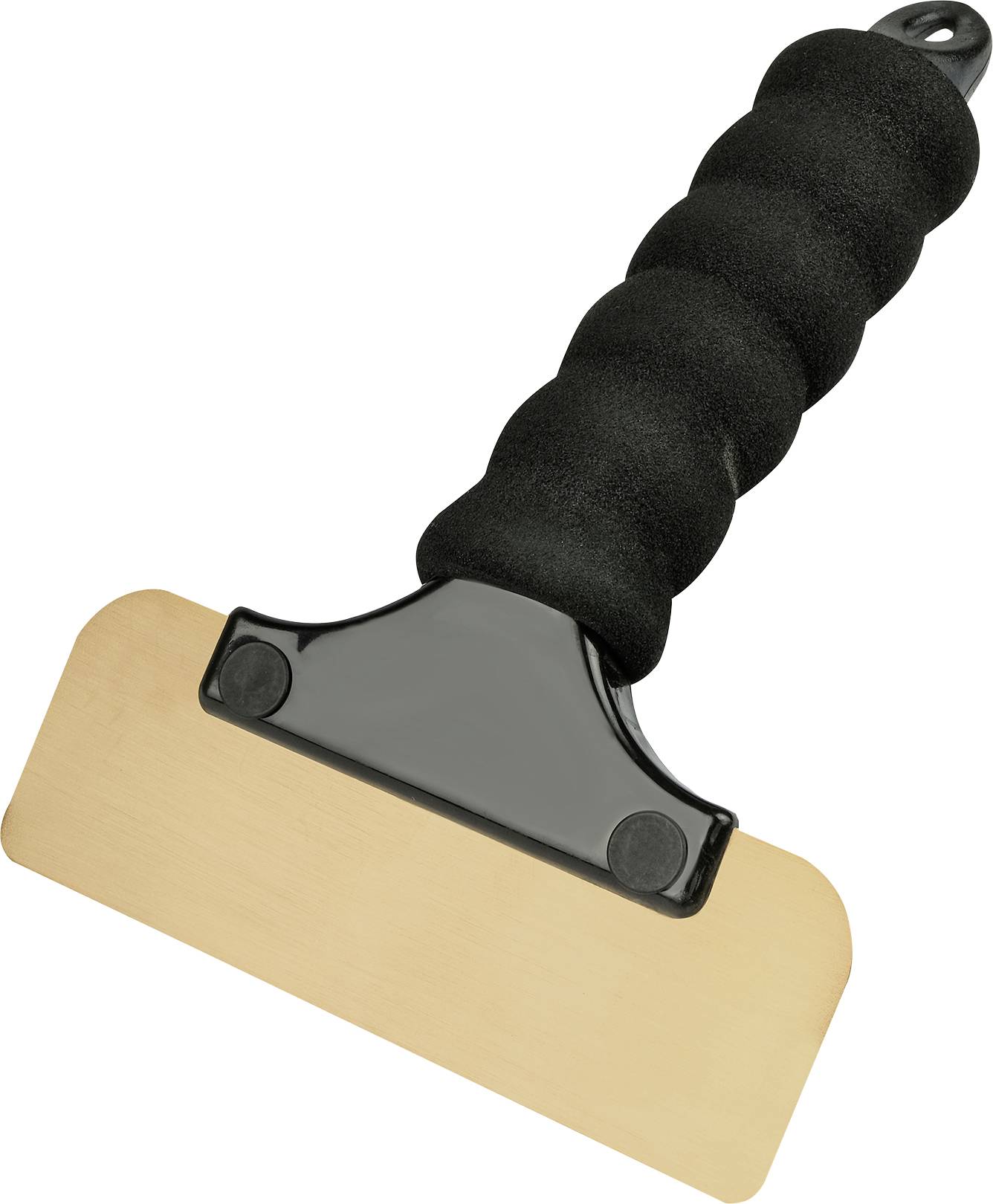 Un outil à manche noir avec une large lame plate en laiton, probablement utilisé pour gratter des surfaces.