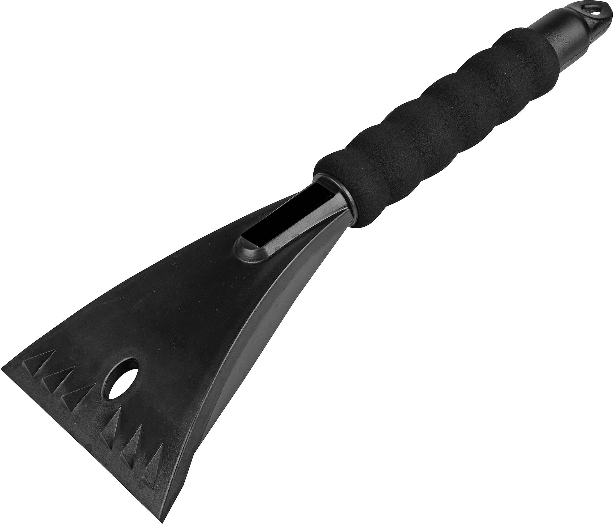 Grattoir à glace en plastique noir avec une poignée texturée offrant une prise en main efficace, présentant des rainures acérées pour un dégivrage optimal.