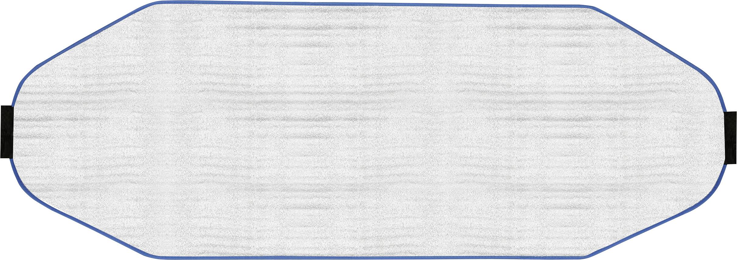 Un tampon de nettoyage rectangulaire blanc avec des bords bleus, conçu pour les serpillières. Il présente des languettes noires à chaque extrémité permettant de le fixer à la tête de la serpillière.