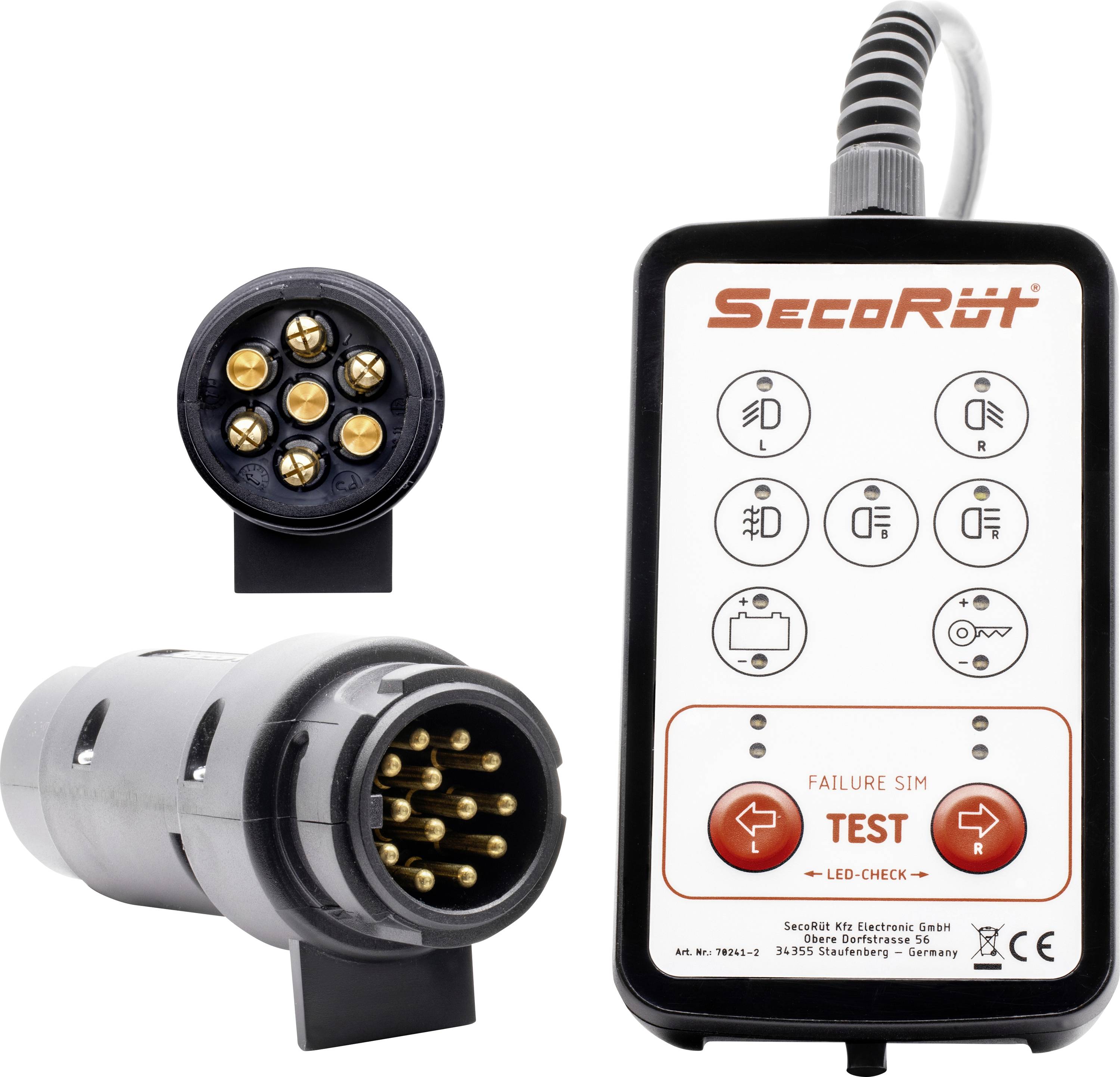 Appareil électronique 'SecoRüt' avec bouton « TEST » et ports de connectivité pour les tests électriques automobiles. Divers symboles indicateurs.