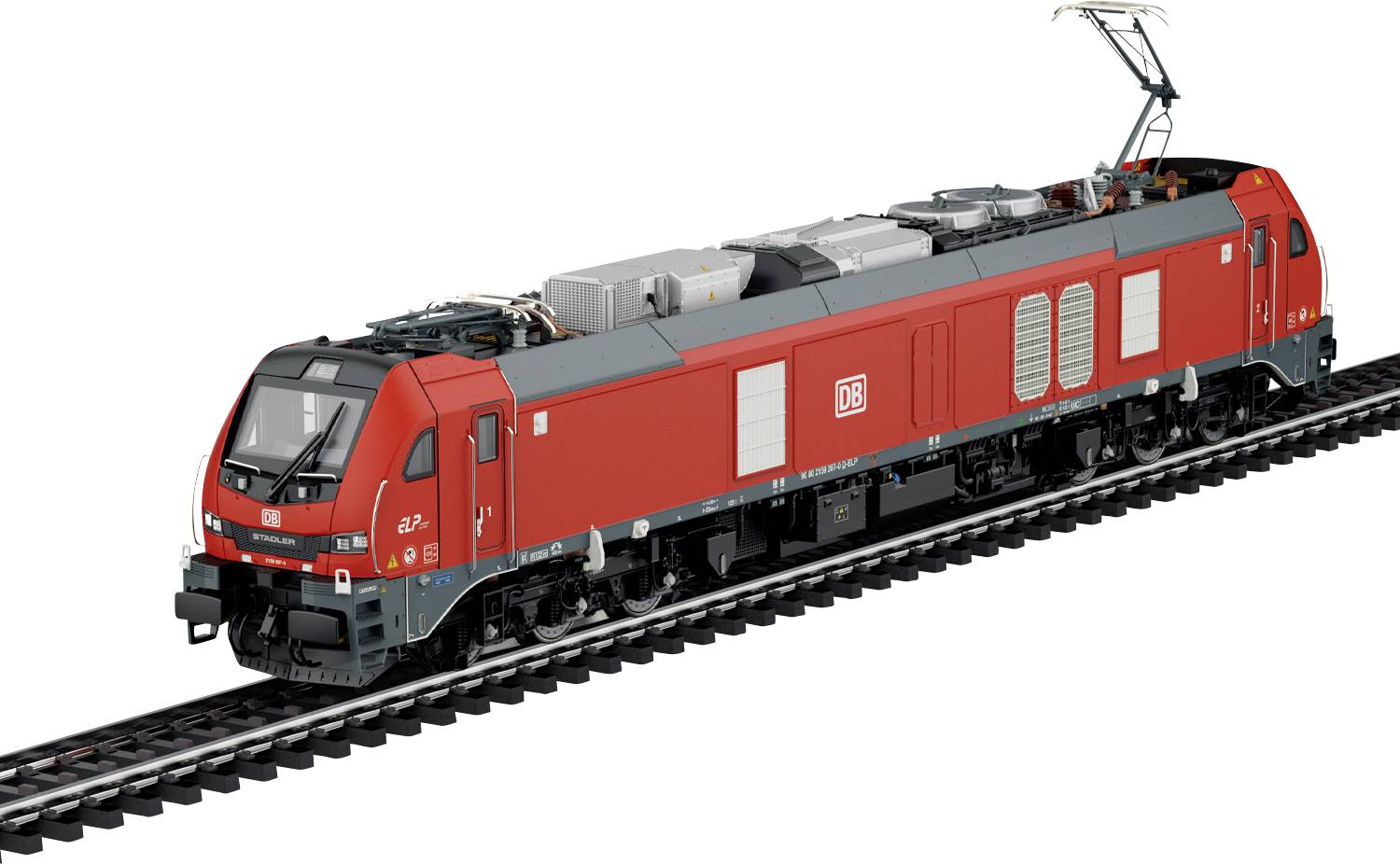 Un train électrique moderne rouge avec le logo DB circule sur des rails. Il est équipé de pantographes sur le toit et possède plusieurs compartiments.
