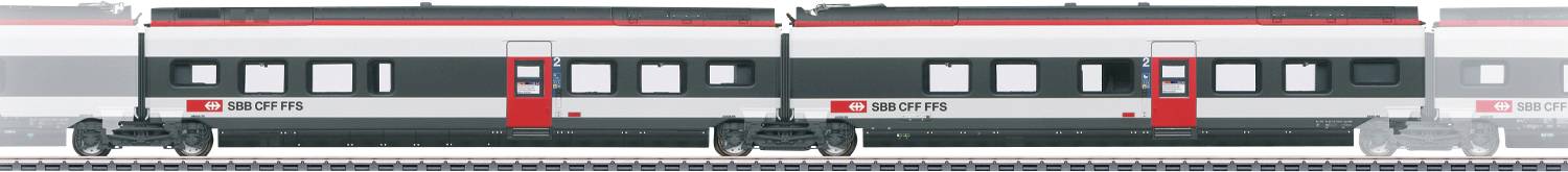 Un train à grande vitesse circulant sur des rails, présentant des voitures modernes et élégantes avec des motifs rouge et gris, et une rangée de fenêtres.