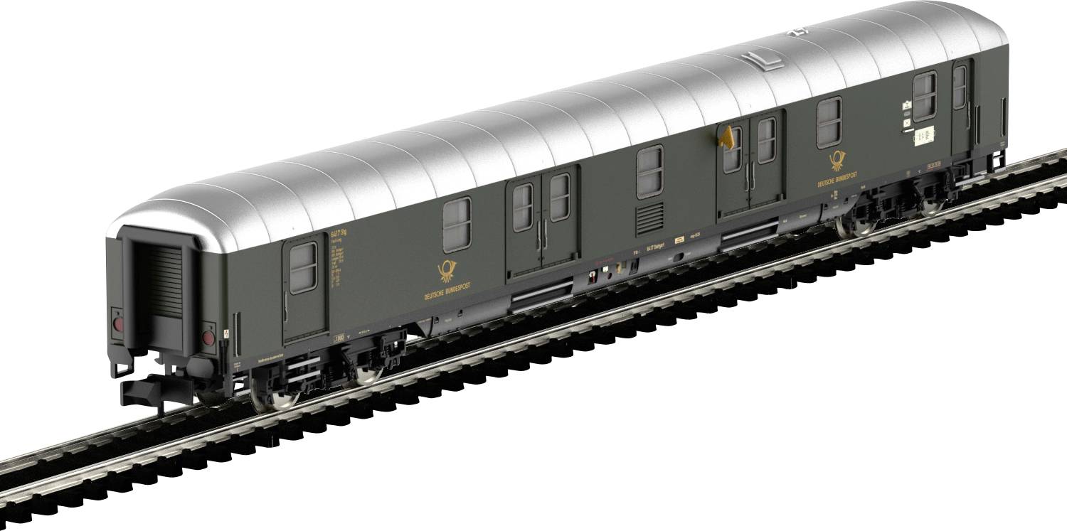 Modèle d'un wagon de train vintage sur des rails, avec un extérieur vert, un toit gris et un logo jaune, couramment utilisé pour le transport postal.