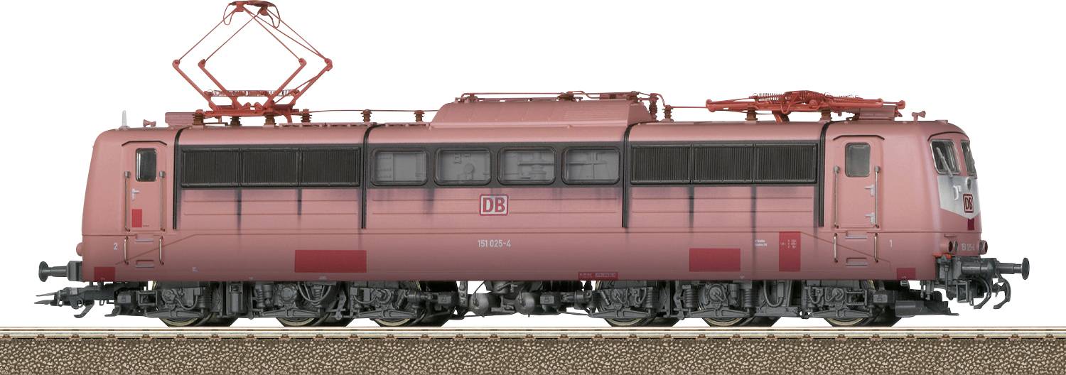 Un modèle de locomotive électrique rose exposé sur une section de voie, présentant un pantographe détaillé et d'autres composants complexes.