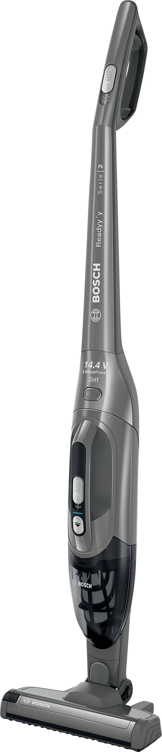 Un aspirateur sans fil élégant et vertical en gris, portant la marque « Bosch Athlet », doté d'une poignée ergonomique et d'un design compact.