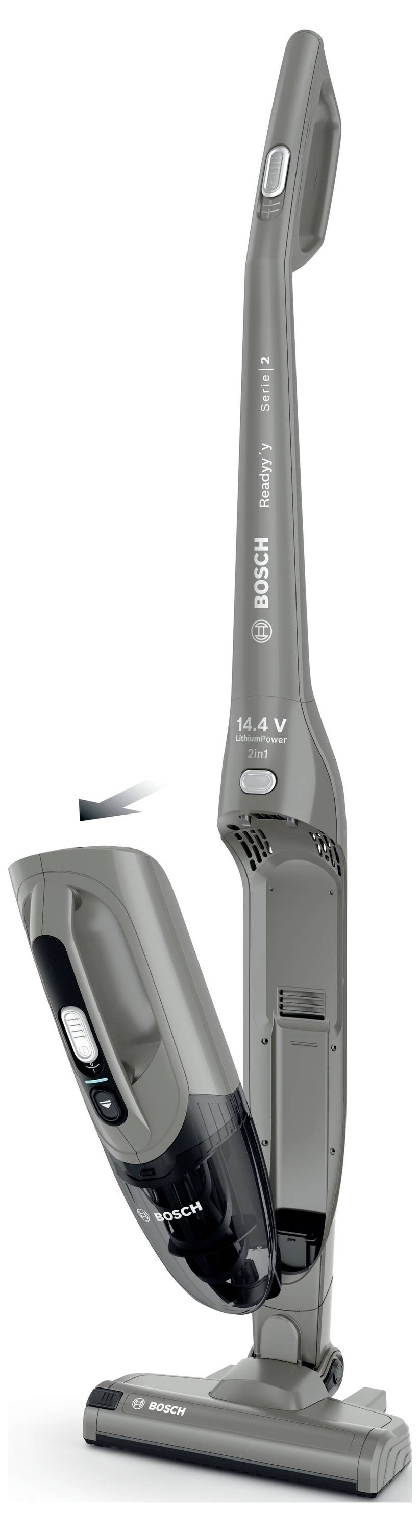 Un aspirateur élégant et moderne, doté d'un design vertical fin et d'un composant à main détachable, illustrant sa polyvalence en matière de nettoyage.