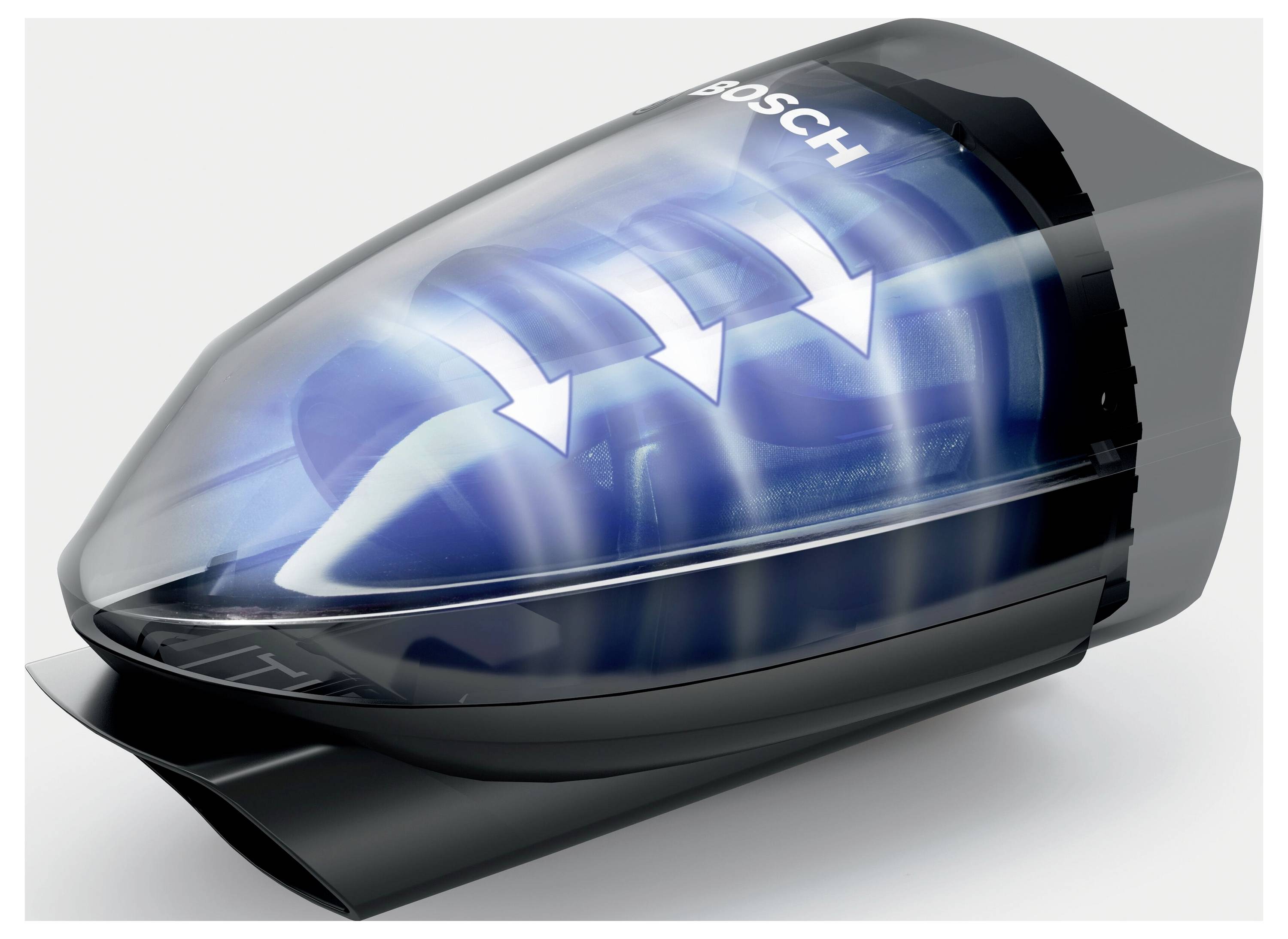 Un composant de dispositif transparent montrant des parties internes bleues avec des flèches blanches indiquant la direction du flux d'air à l'intérieur.