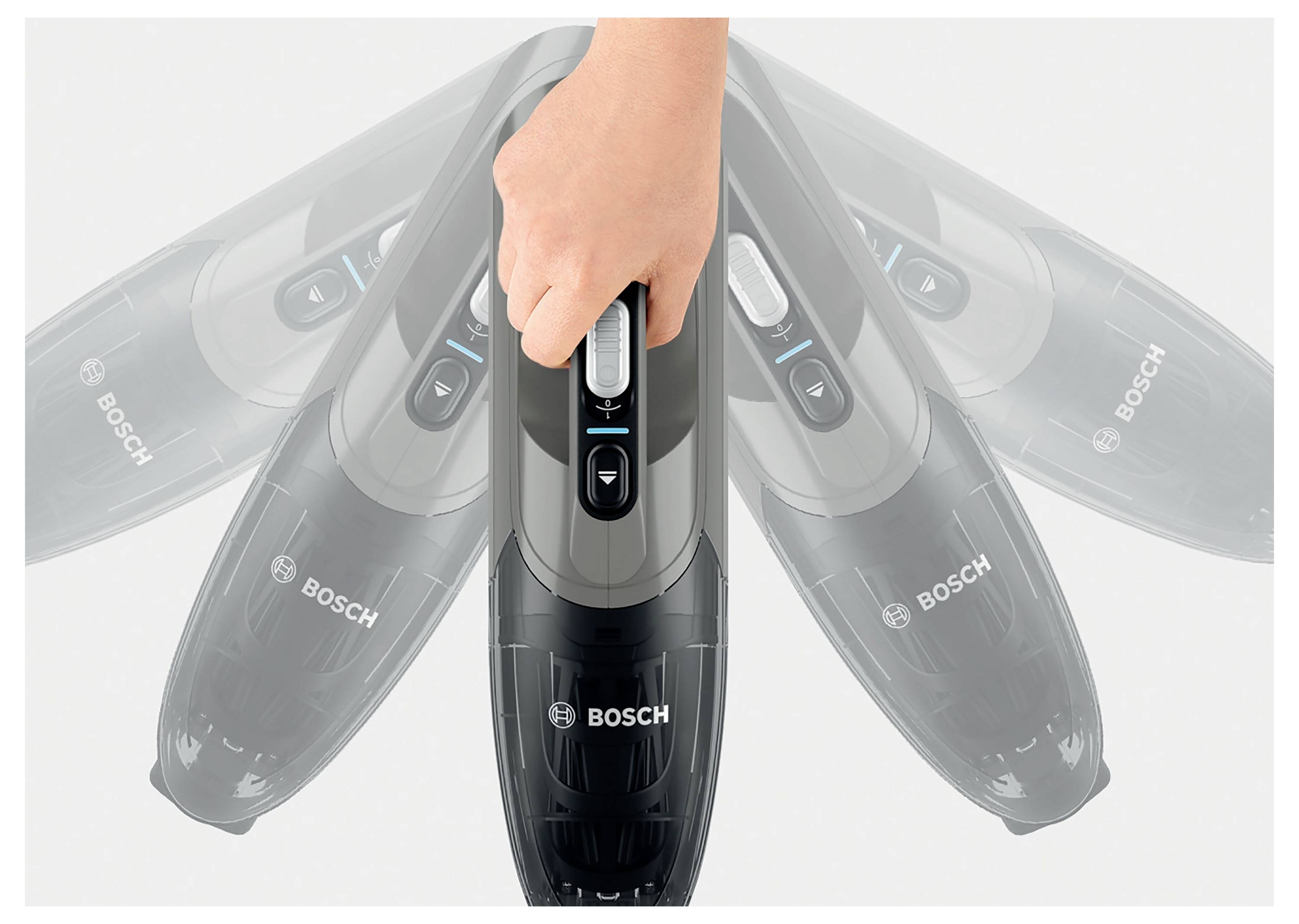 Une main ajuste les réglages d'un aspirateur Bosch, mettant en valeur son design ergonomique et ses fonctionnalités de contrôle.