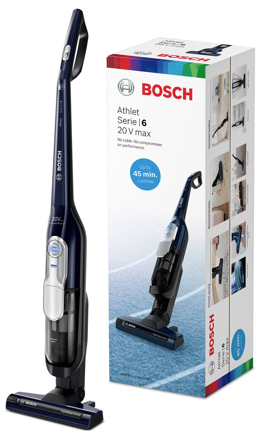 Aspirateur sans fil Bosch Athlet Série 6 20V max, présenté à côté de son emballage montrant les caractéristiques du produit et une image de son utilisation.