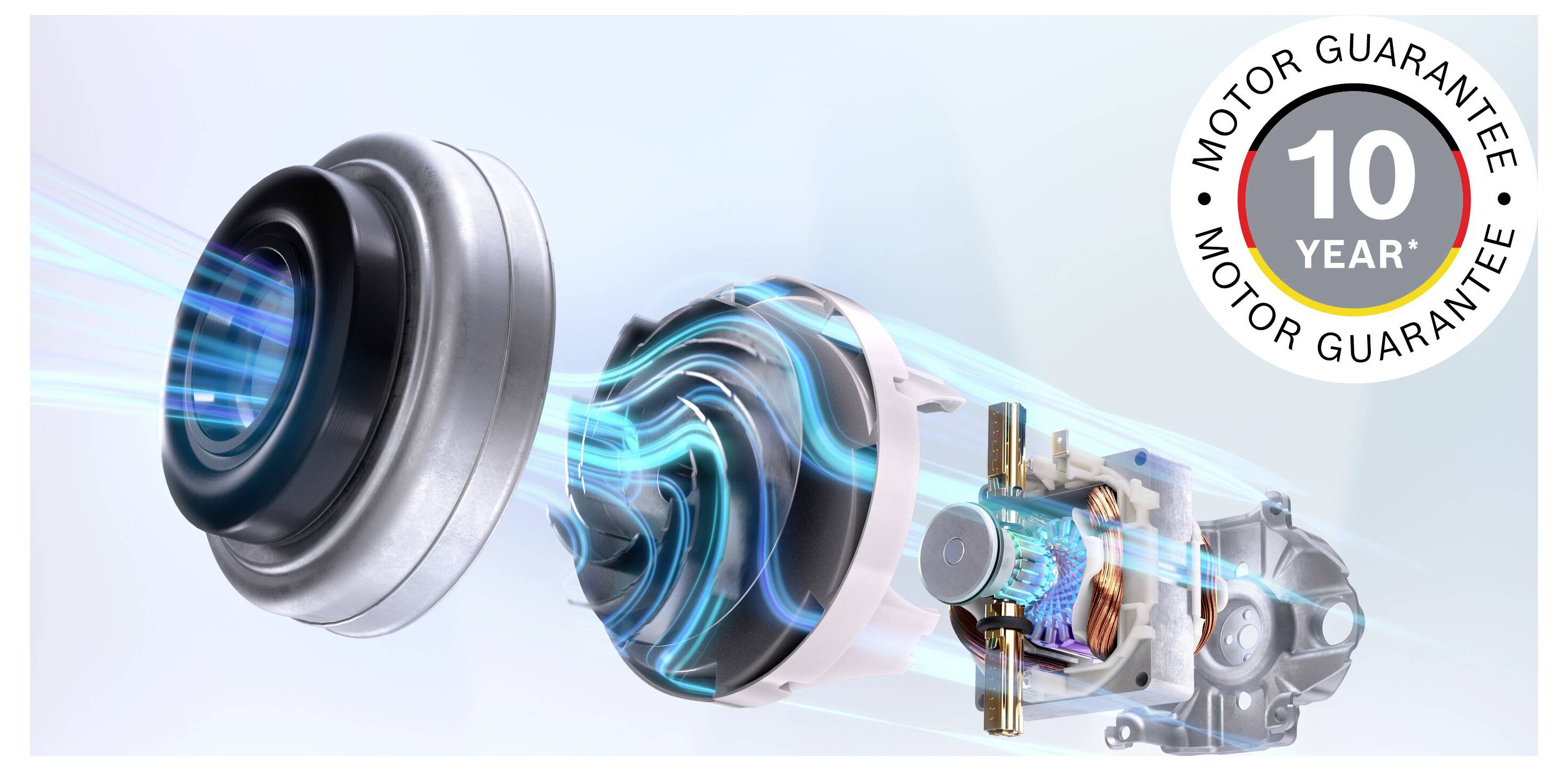 Image d'un moteur avec le flux d'air mis en évidence, présentant un badge de 