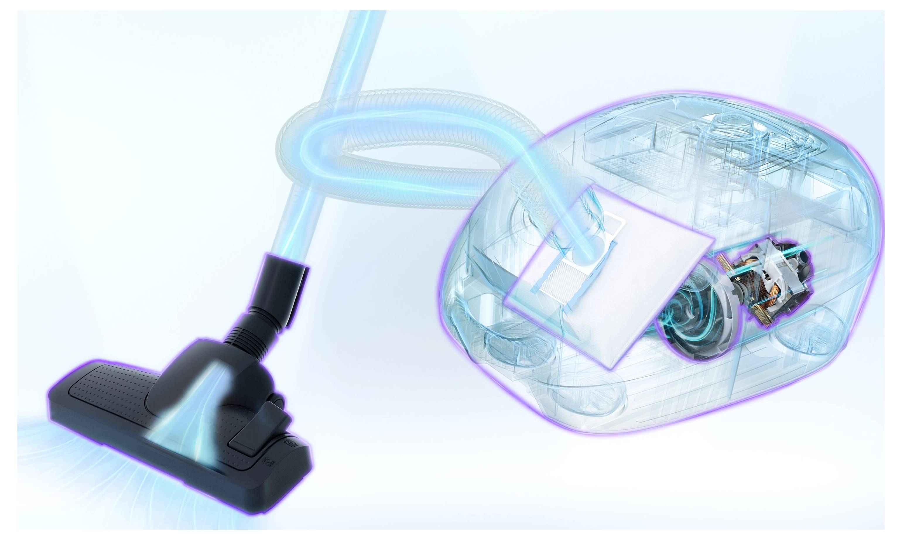 Une illustration d'un aspirateur transparent montrant la circulation de l'air à travers ses composants, mettant en valeur sa technologie d'aspiration avancée.