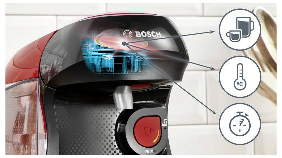 Un cafetière Bosch rouge avec des graphiques indiquant le processus de brassage, le contrôle de la température et l'efficacité du temps.