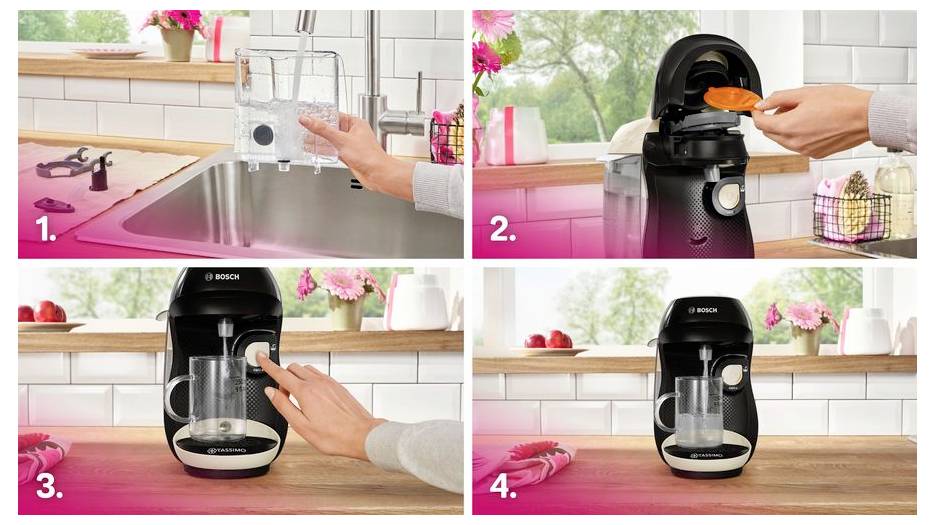 Étapes pour utiliser une machine à boissons Bosch : 1. Remplir le réservoir d'eau ; 2. Insérer la dosette ; 3. Appuyer sur le bouton ; 4. Boisson prête.