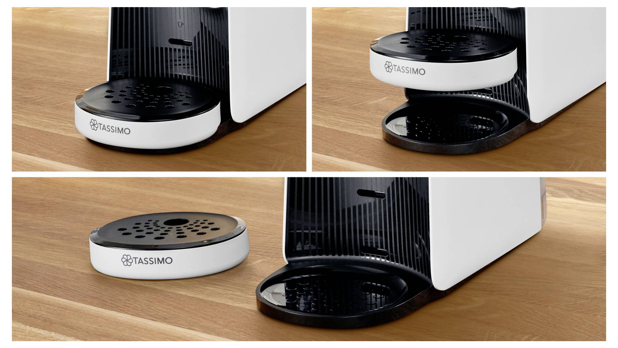 « Une machine à café avec un plateau égouttoir amovible, présentée en trois étapes : fixé à la machine, légèrement ouvert, et complètement retiré. »