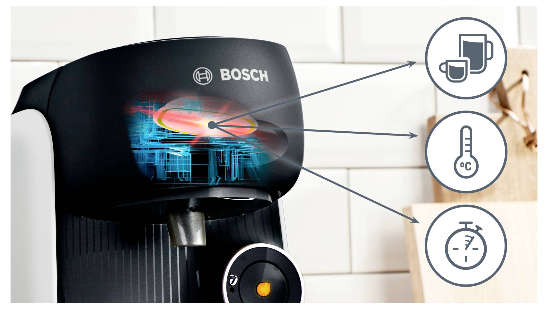 Machine à café affichant le processus de chauffe avec des icônes représentant la taille de la tasse, la température et les fonctionnalités de vitesse.