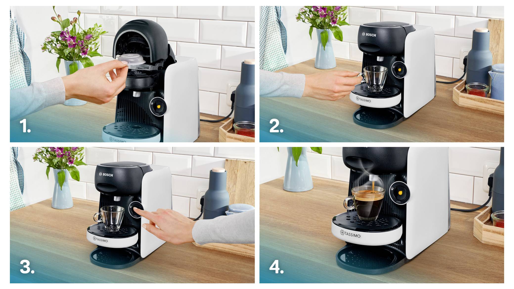 Comment utiliser une machine à café : 1. Insérer la capsule. 2. Placer la tasse sous la buse. 3. Appuyer sur le bouton de démarrage. 4. Le café remplit la tasse.