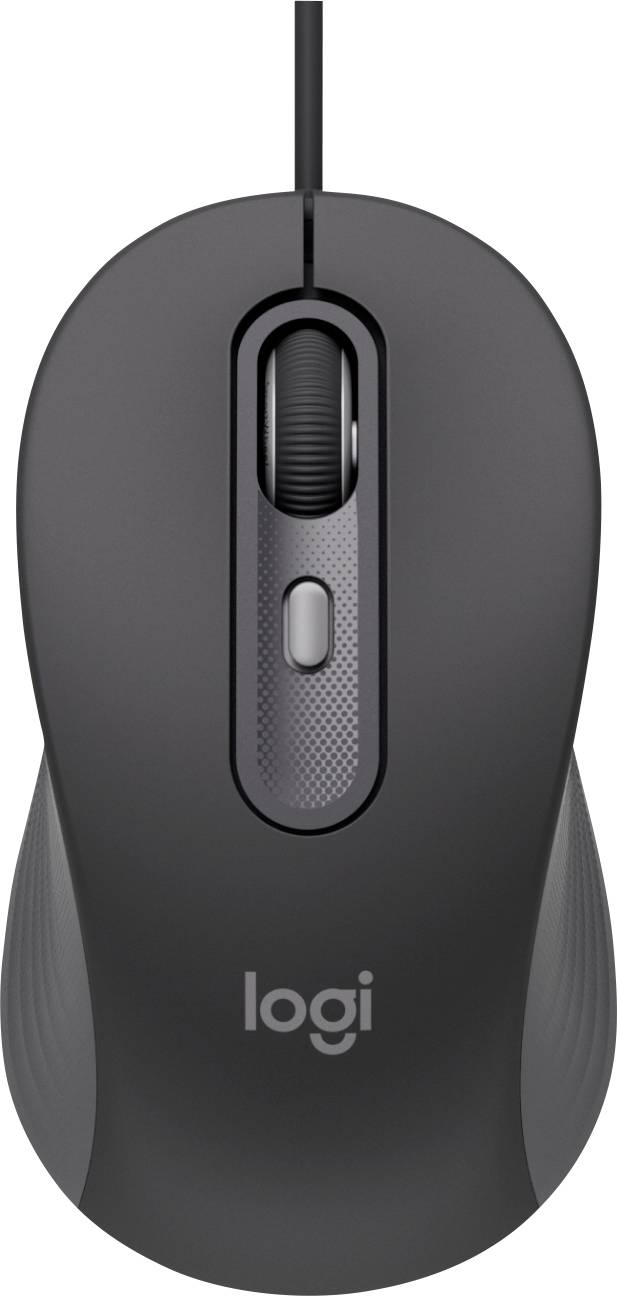 Une souris d'ordinateur filaire noire avec une molette de défilement et deux boutons. La marque « logi » est imprimée près du bas.