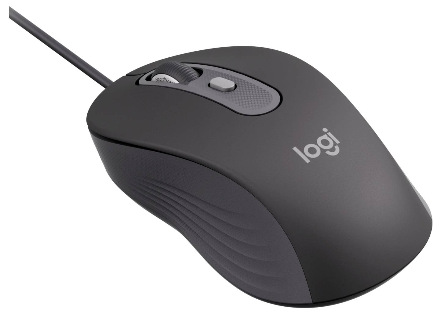 Une souris d'ordinateur filaire noire avec un logo de marque visible, dotée d'une molette de défilement et de deux boutons.