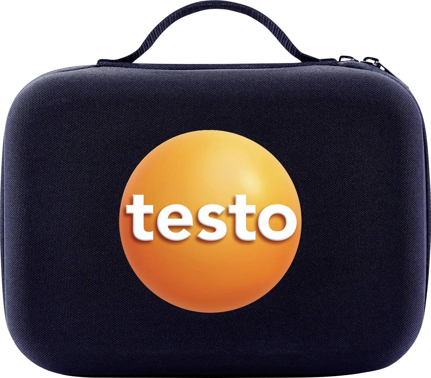 Un étui rigide noir à fermeture éclair, présentant un cercle orange au centre avec le mot « testo » en blanc sur la face avant.