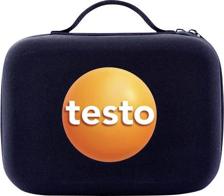 Étui de transport noir ovale avec le logo 'testo' au centre.