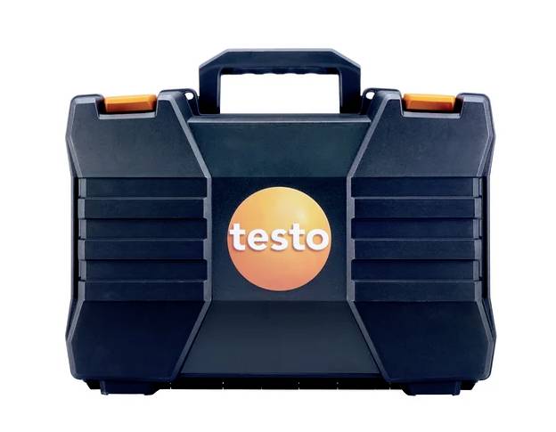 Étui de transport noir avec des accents oranges et un logo circulaire 'testo' sur l'avant. Design robuste avec une poignée centrale pour un transport facile.