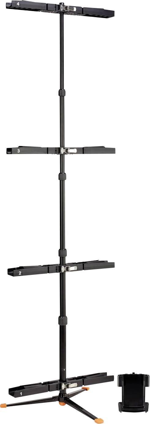 Un support de présentation noir et élancé, réglable en hauteur, équipé de plusieurs supports horizontaux et d'une base séparée.