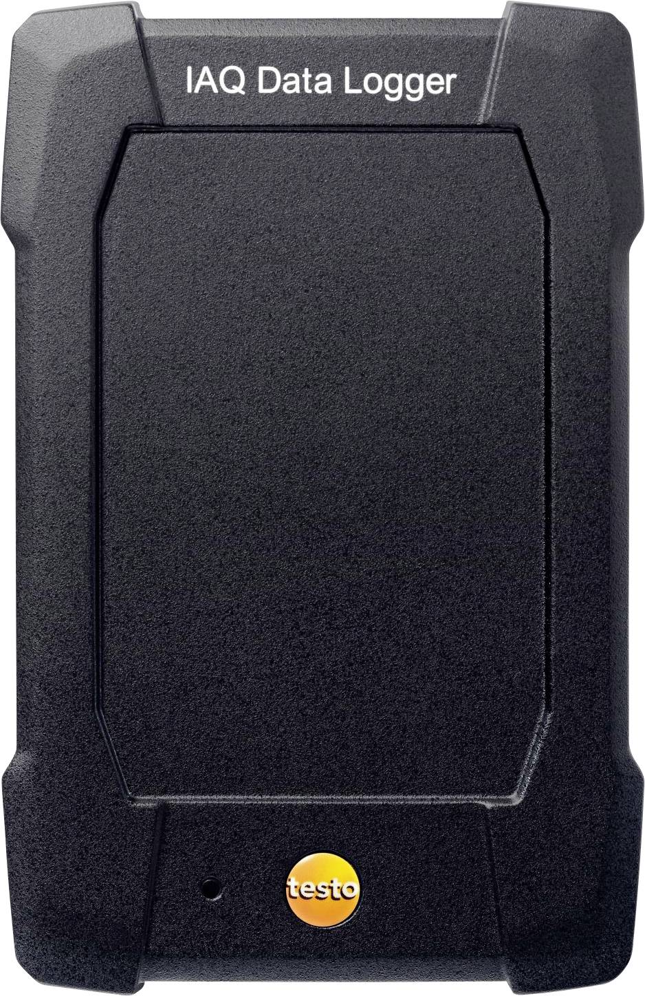 Enregistreur de données de qualité de l'air intérieur avec logo de marque 'testo' en bas, utilisé pour la surveillance de la qualité de l'air intérieur. Design noir, rectangulaire et robuste.