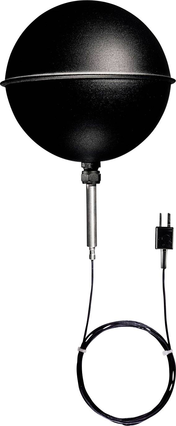 Un dispositif sphérique noir avec un cordon, probablement un capteur ou une sonde, équipé d'un connecteur métallique et d'une fiche.