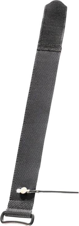 Une sangle en velcro noir avec un crochet à une extrémité et une petite boucle ajustable près du milieu, utilisée pour attacher ou regrouper des objets.