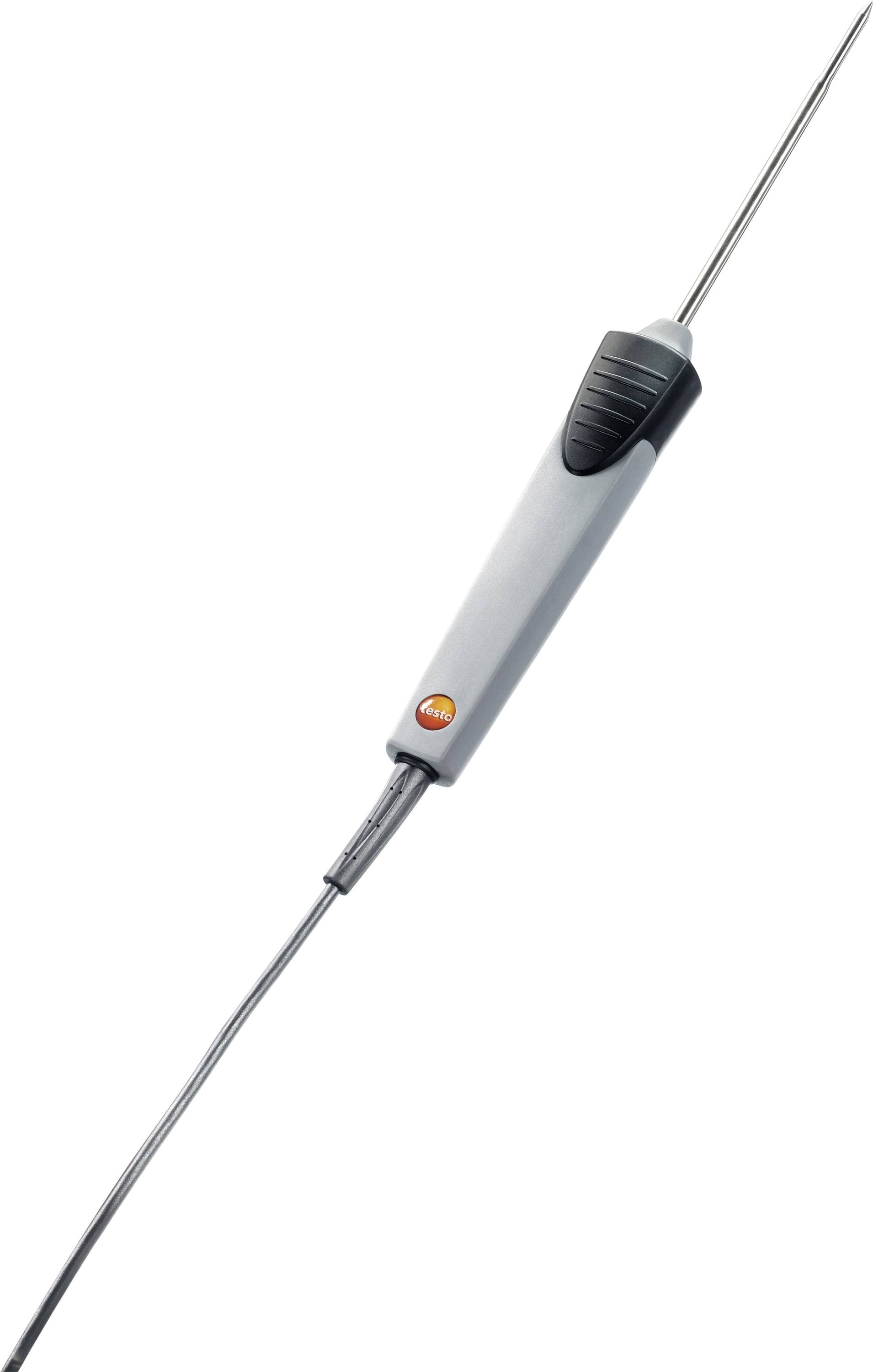 Un thermomètre numérique avec une sonde à embout métallique et une poignée noir et gris, relié à un câble pour mesurer la température.