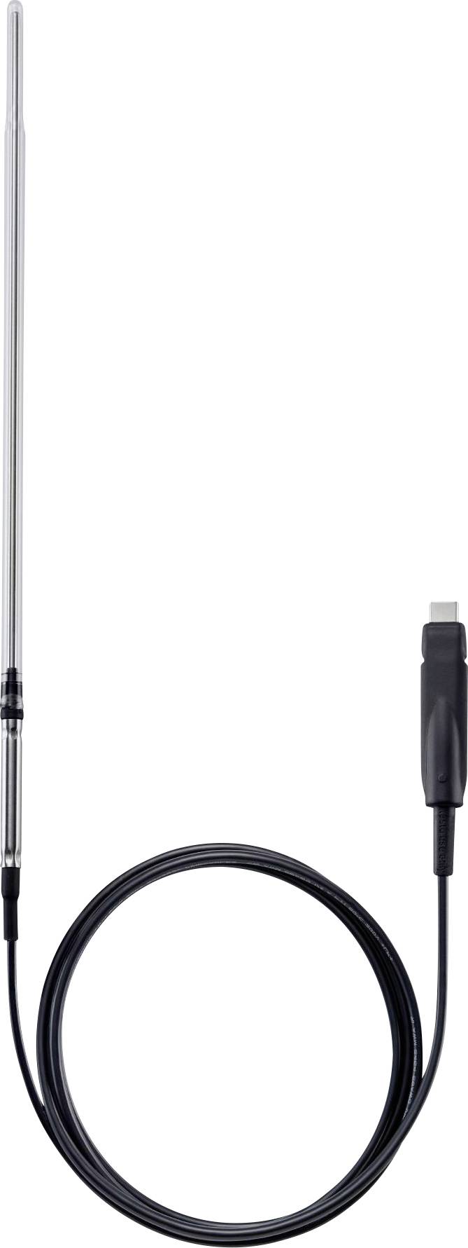 Une sonde de température en métal long avec un câble noir attaché. L'autre extrémité possède un connecteur USB, utilisée pour mesurer et surveiller les températures.