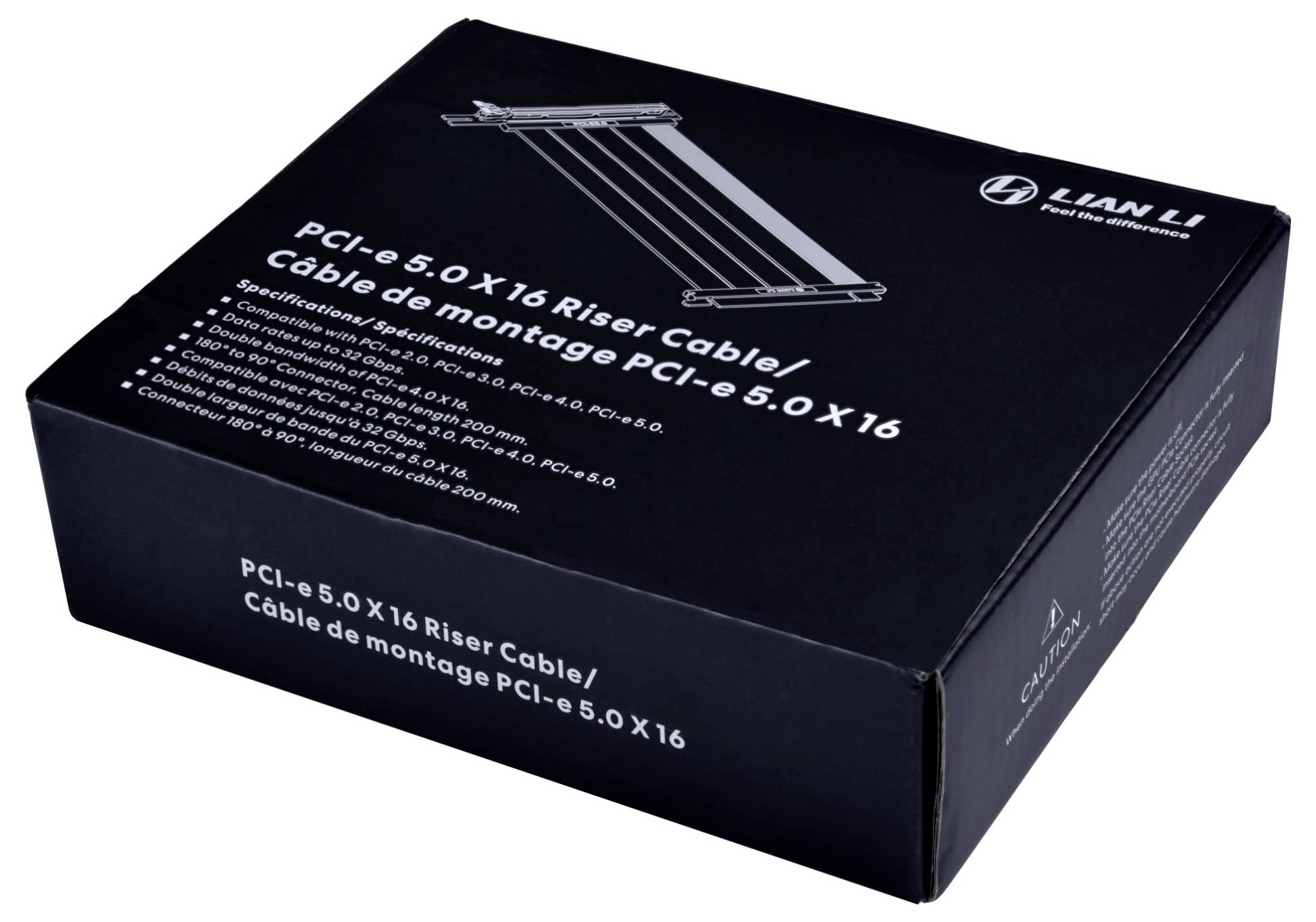 Boîte d'un « Câble Suréleveur PCI-e 5.0 x16 » par Lian Li, présentant des spécifications de produit multilingues et un design d'emballage noir.
