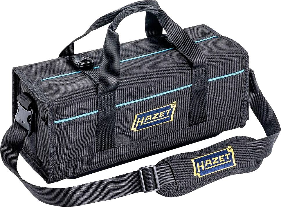Un sac à outils noir avec une bandoulière et des poignées arborant le logo 'Hazet' en bleu et jaune.