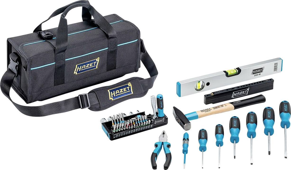 Une trousse à outils comprenant un sac noir Hazet avec des outils à main, incluant un marteau, des pinces, des tournevis, un niveau et divers forets.