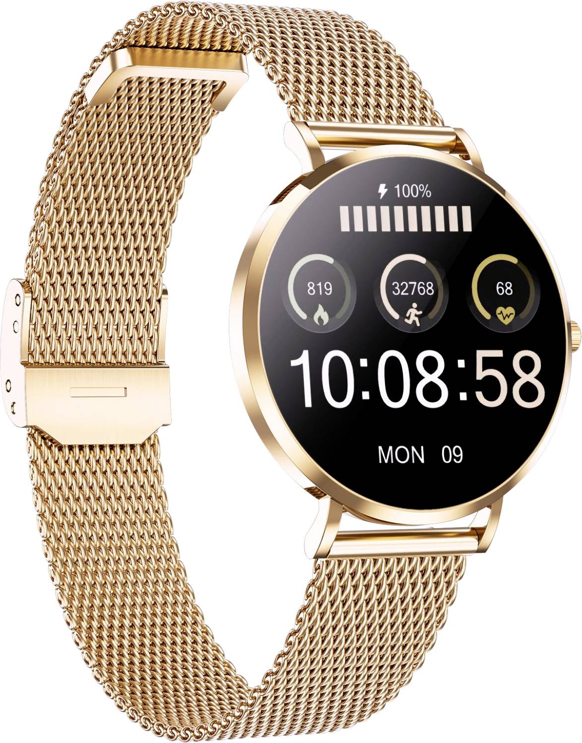 Montre intelligente dorée avec un bracelet en maille affichant l'heure '10:08', la date 'Lun 09', et des icônes d'activité pour les pas, la distance et le rythme cardiaque.