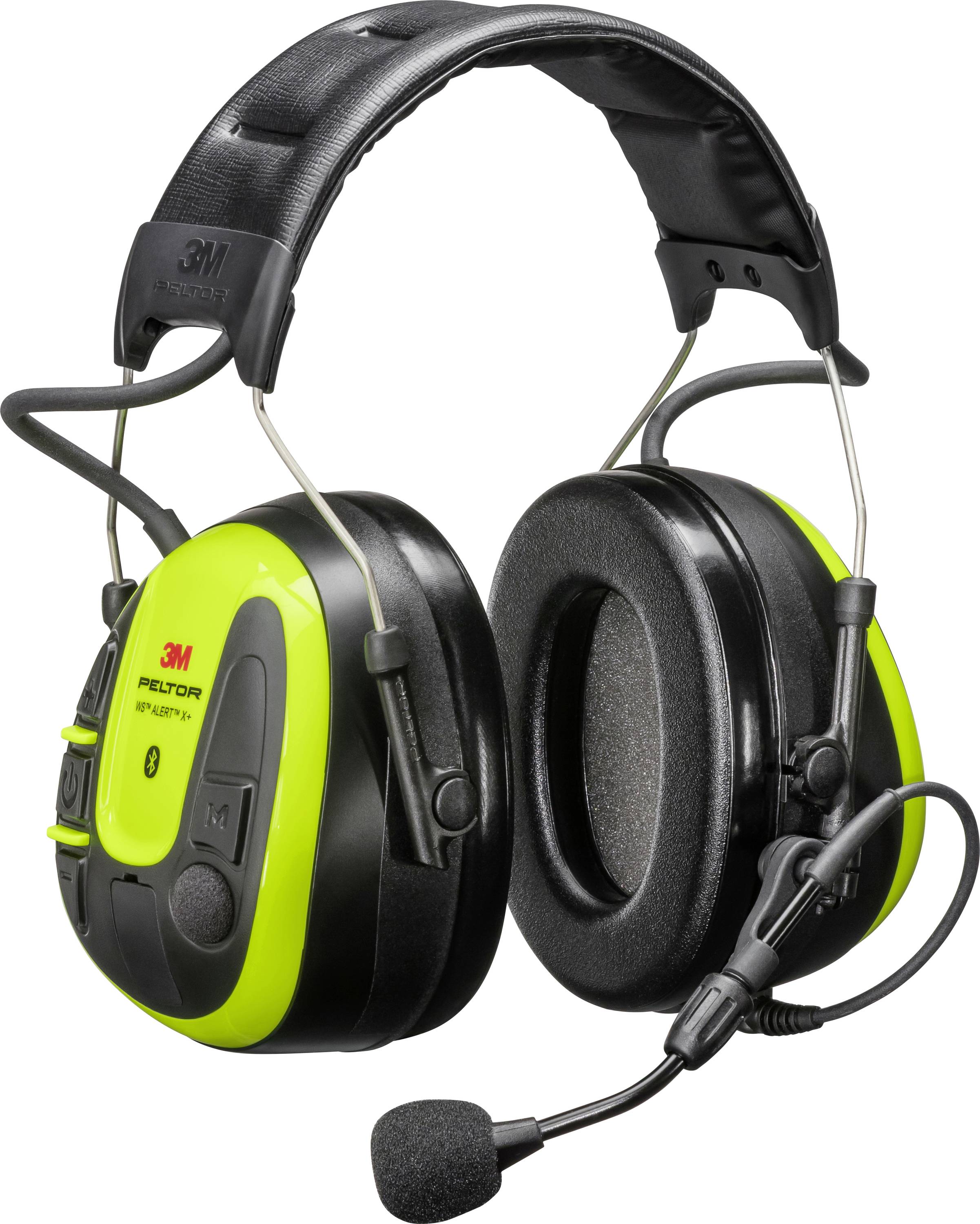 Casque antibruit noir et jaune avec microphone intégré, conçu pour la communication et la protection auditive.