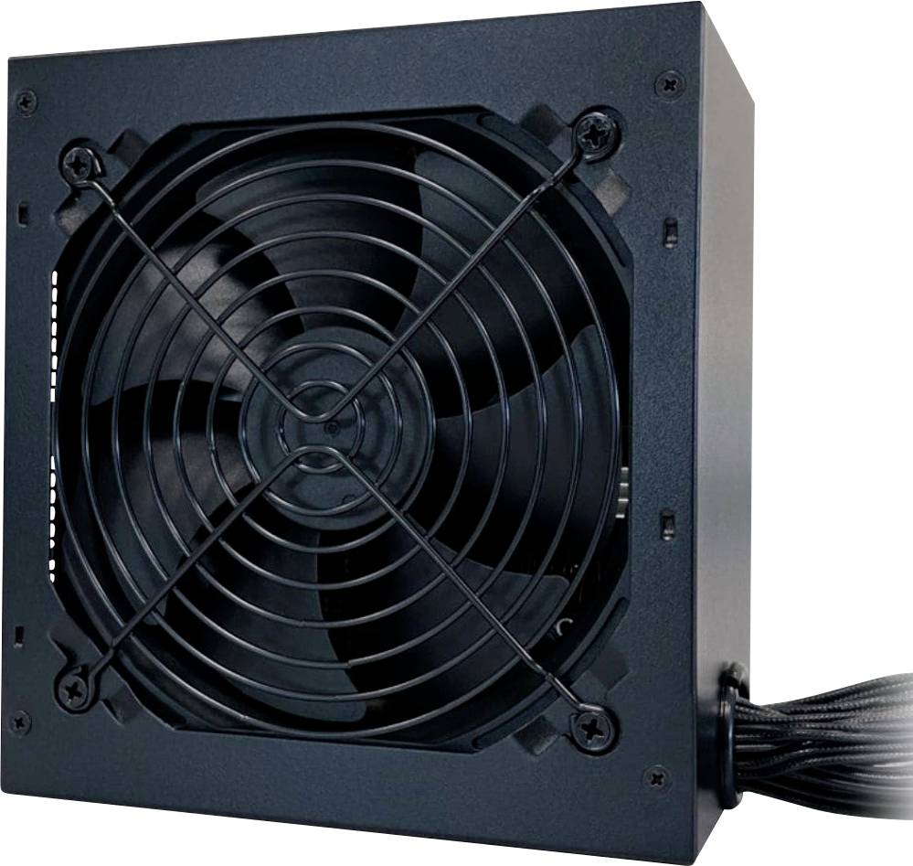 Un bloc d'alimentation d'ordinateur noir avec un ventilateur de refroidissement visible et une grille, mettant en valeur sa conception de ventilation latérale et ses câbles attachés.